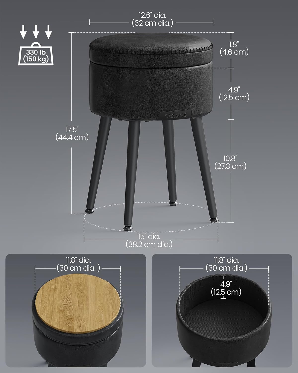 VASAGLE EKHO Collection - Storage Ottoman, Vanity Chair Stool, Synthetic Leather with Stitching, Mid-Century Modern, Round Storage Seat with Steel Legs, Loads 330 lb, Ink Black ULOM005B01