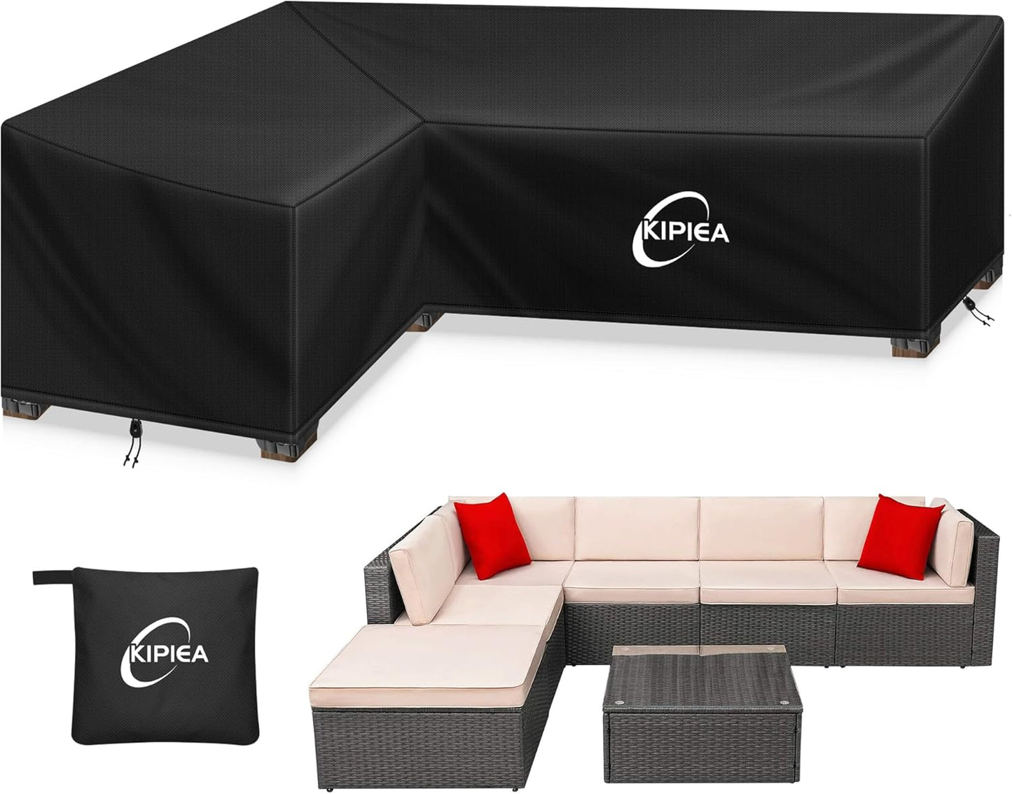 Kipiea Patio V-Shaped Sectional Sofa Cover, 420D Heavy-Duty Oxford Fabric Outdoor Sectional Cover with 6 Windproof Buckles, Anti UV and No Tears, No Fading (85"/85" L x 33.5" D x 31" H) Black