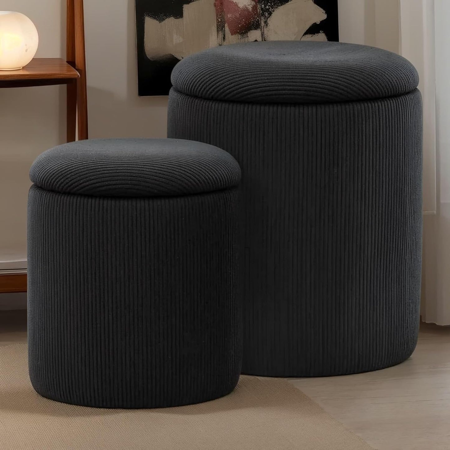 YSICK Round Ottoman with Storage, Set of 2, Small Vanity Stool as Vanity Chair, Corduroy Ottoman Foot Rest for Small Space, Living Room, Bedroom, Beige