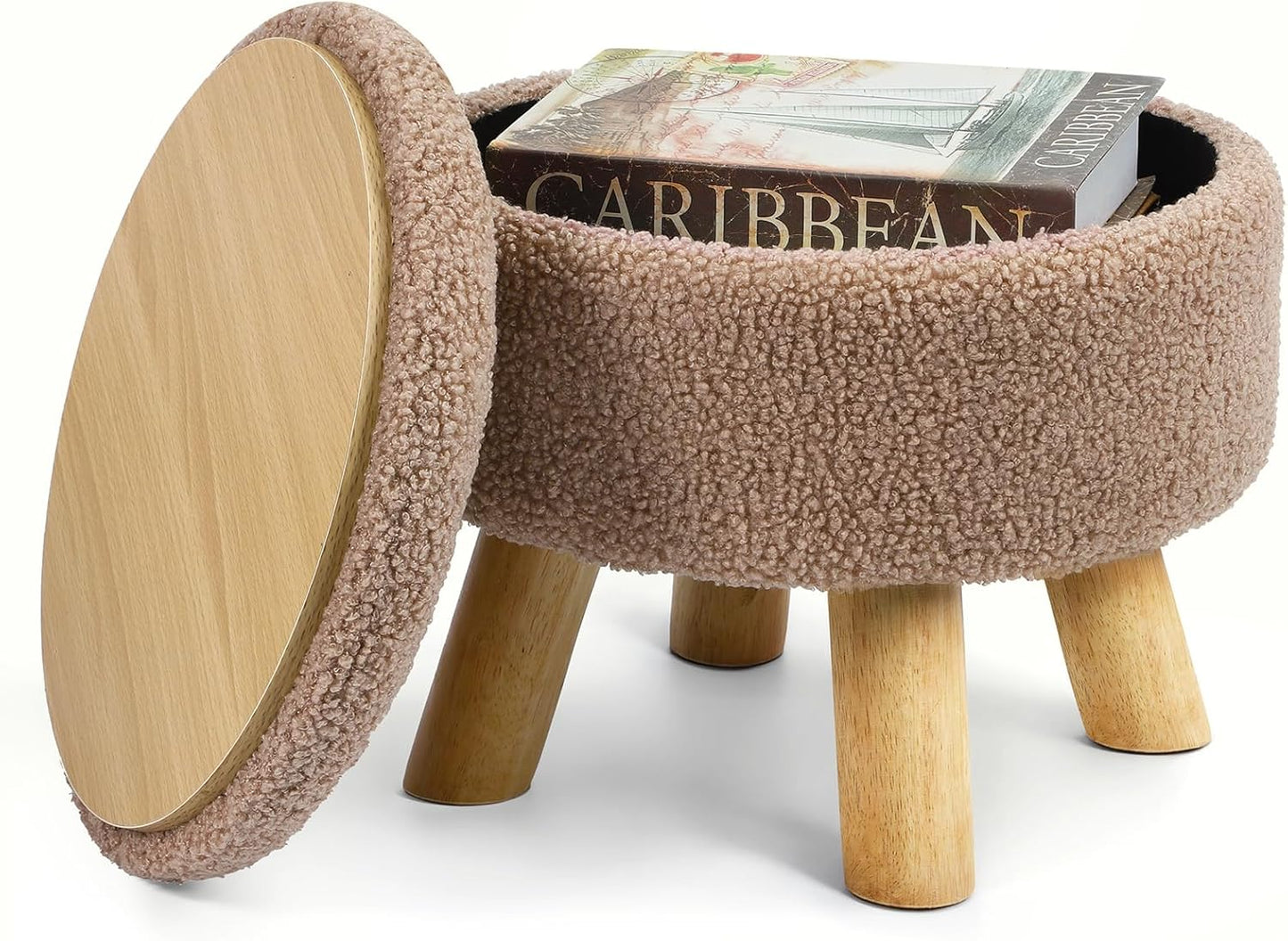 Ottoman Foot Rest, Small Round Ottoman with Storage, Boucle Teddy Velvet Footstool with Wood Legs, Soft Sponge Storage Ottoman for Living Room, Bedroom, Couch, Enterway (Cream)