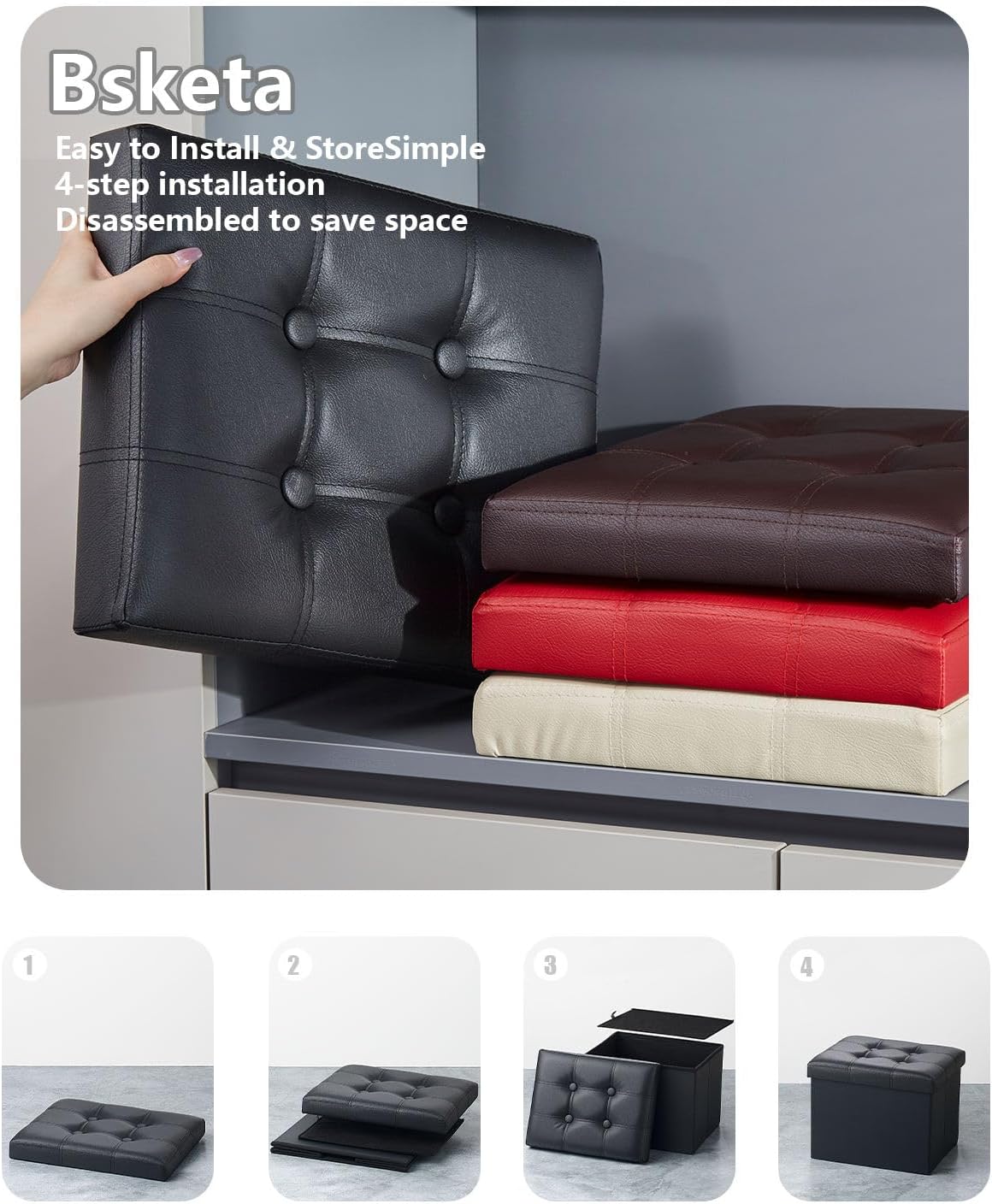 Storage Ottoman, Folding Foot Stool with Thicker Foam Padded Seat Small Leather Storage Ottoman Bench Foot Rest for Living Room Foldable Coffee Table 17x13x13in,Black