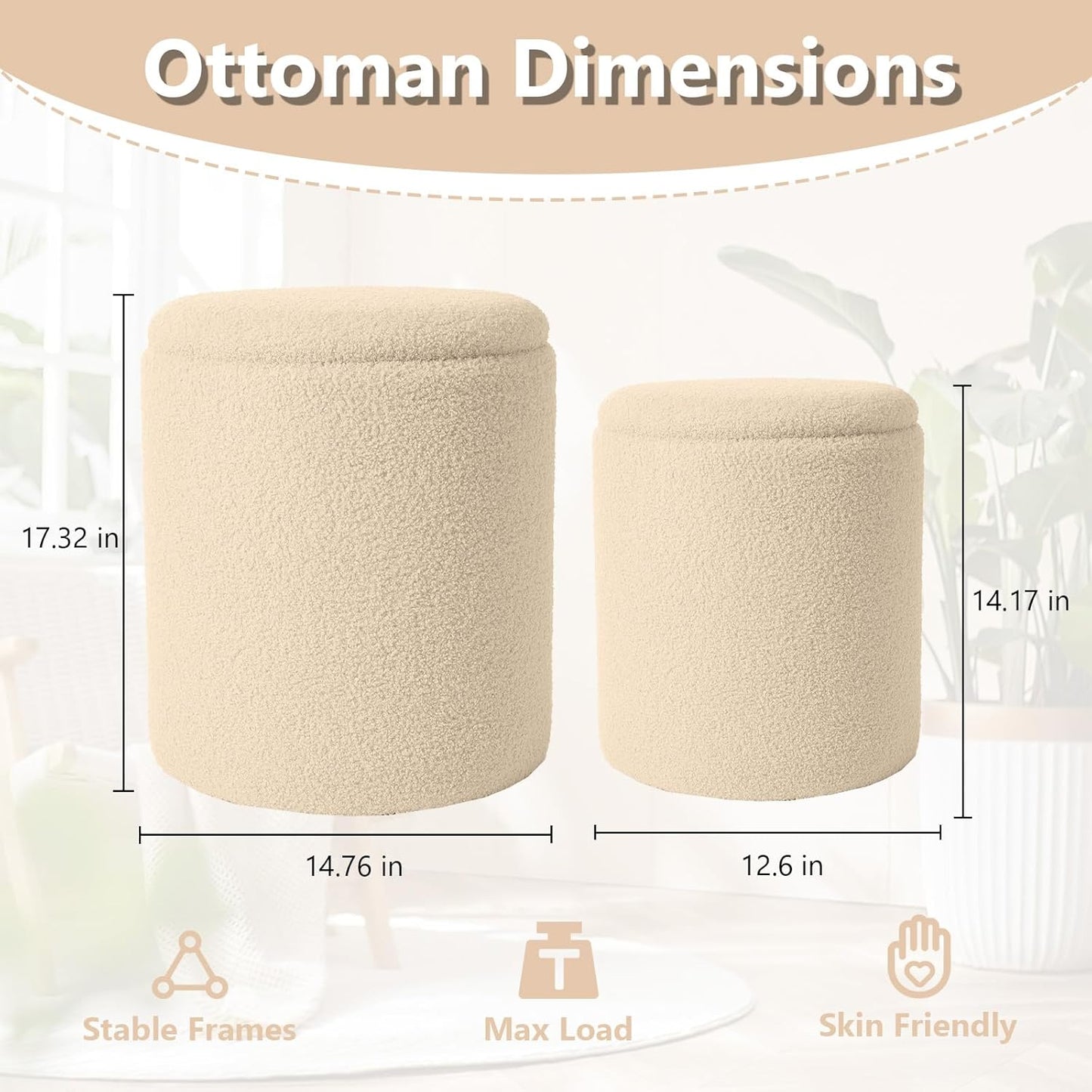 Boucle Round Ottoman with Storage Set of 2,Small Foot Stool Ottoman for Living Room, Small Coffee Table,Vanity Stool with Storage for Bedroom, Beige