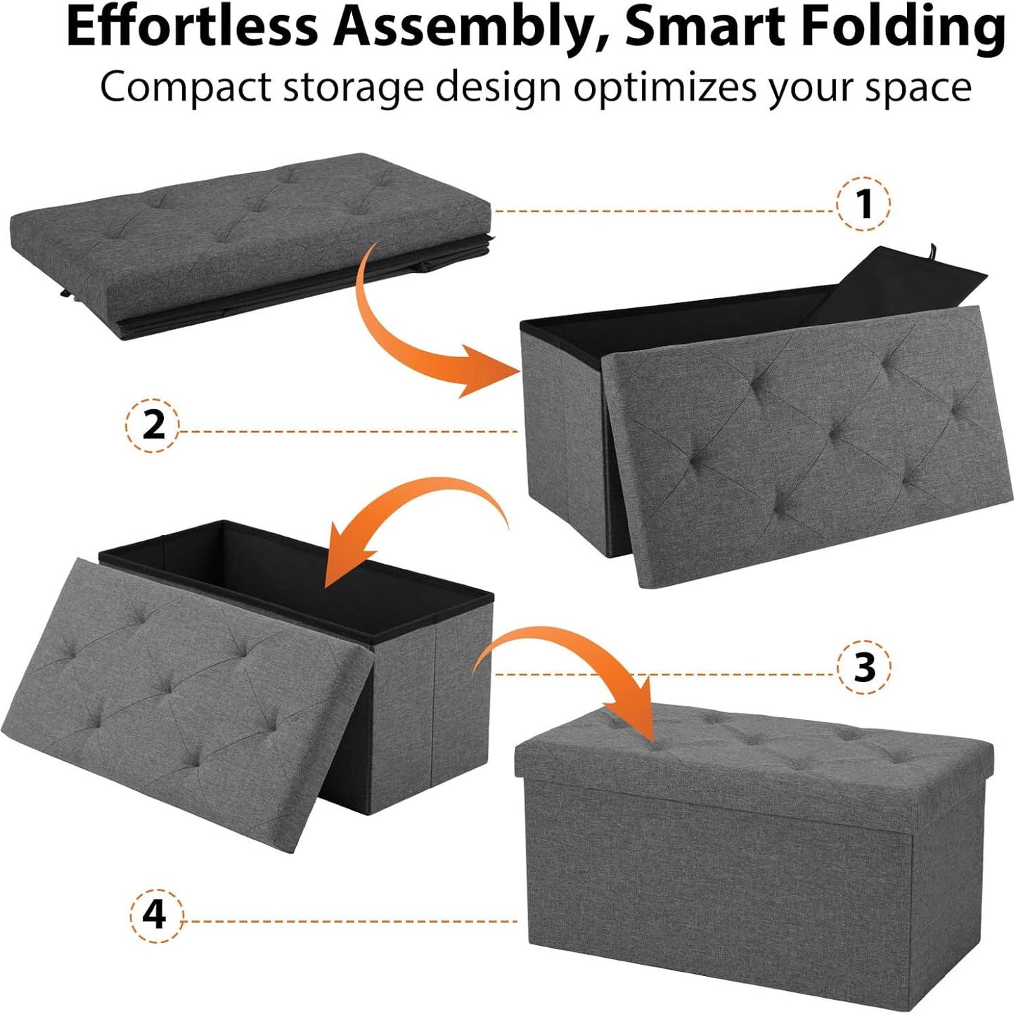 DUMOS 30in Foldable Storage Ottoman Bench, Storage Chest, End of Bed Foot Rest Stool with Padded Seat, Bedroom Bench for Living Room, Bedroom, Support 660lbs, Grey