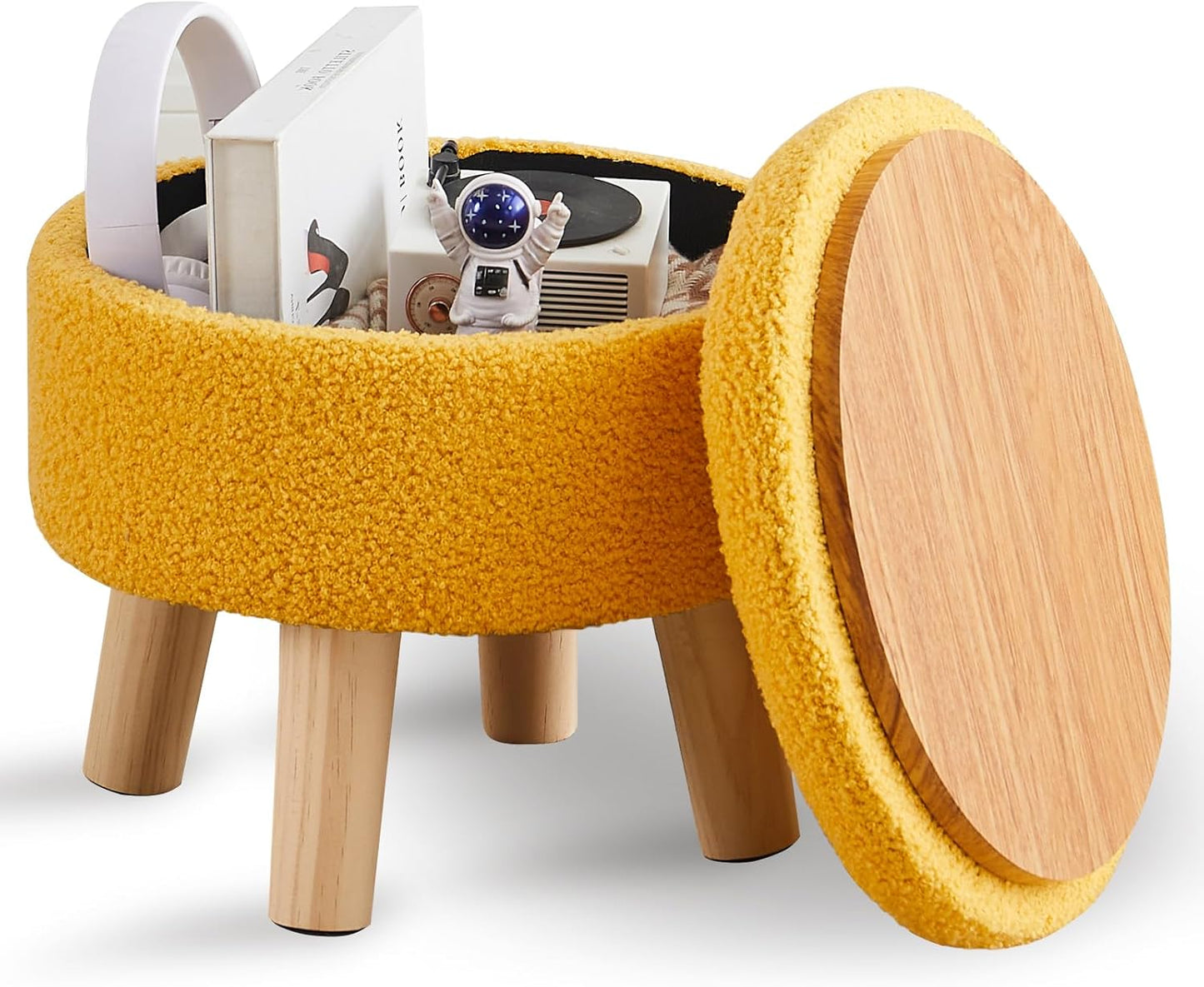 Wimarsbon Storage Ottoman, Modern Round Footrest with Soft Padded Seat, Teddy Velvet Footstool with Wood Legs, Accent Small Table or Plant Stand for Hallway, Living Room (Cream)