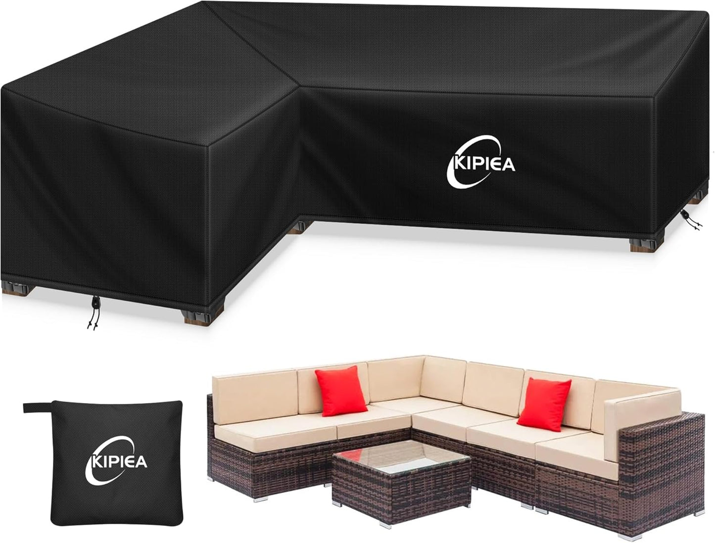 Kipiea Patio V-Shaped Sectional Sofa Cover, 420D Heavy-Duty Oxford Fabric Outdoor Sectional Cover with 6 Windproof Buckles, Anti UV and No Tears, No Fading (85"/85" L x 33.5" D x 31" H) Black