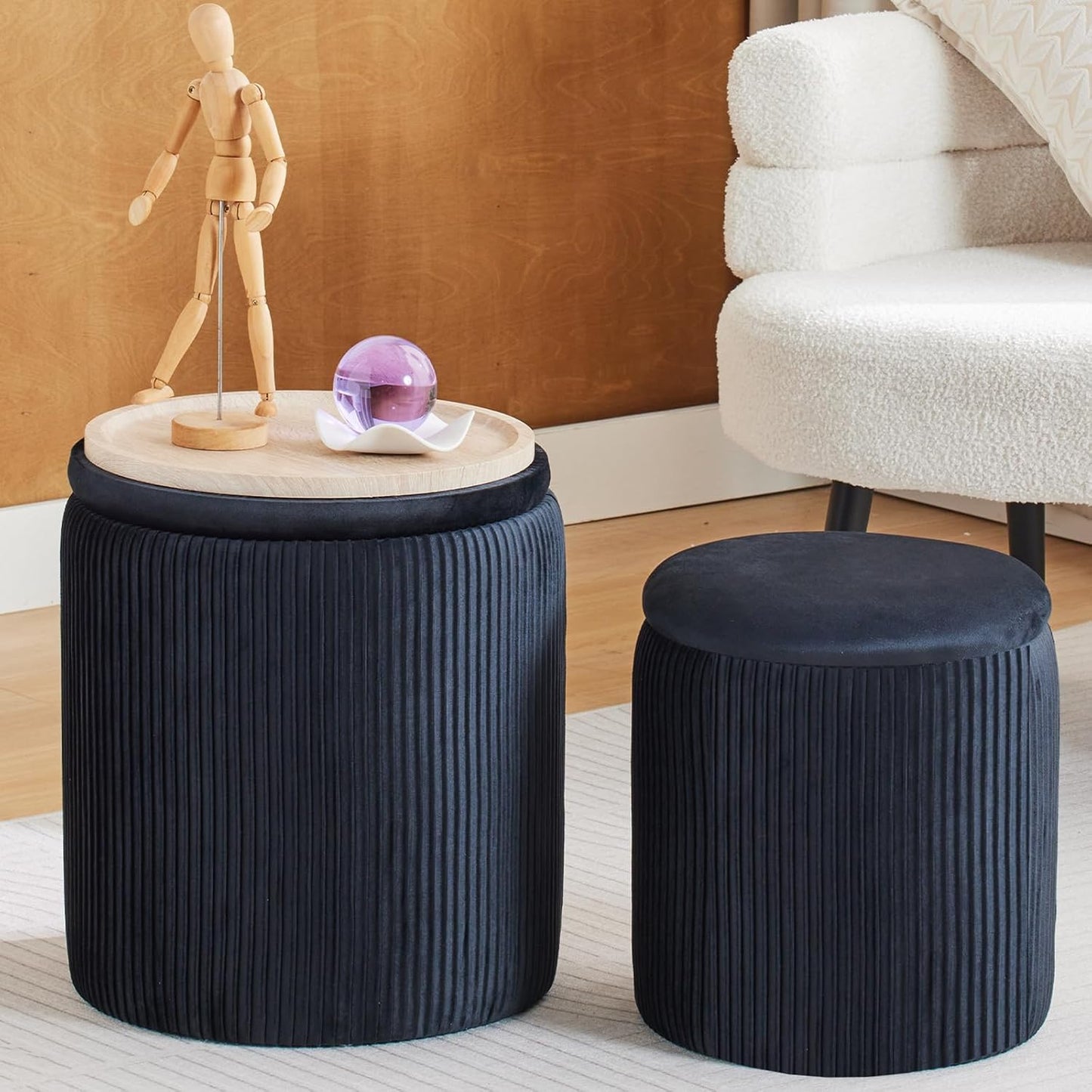 Round Set of 2 Ottoman with Storage-Upholstered Velvet Vanity Stool for Makeup Multifunctional Ottomans Coffee Table Padded Seat Foot Rest for Living Room&Bedroom（White）