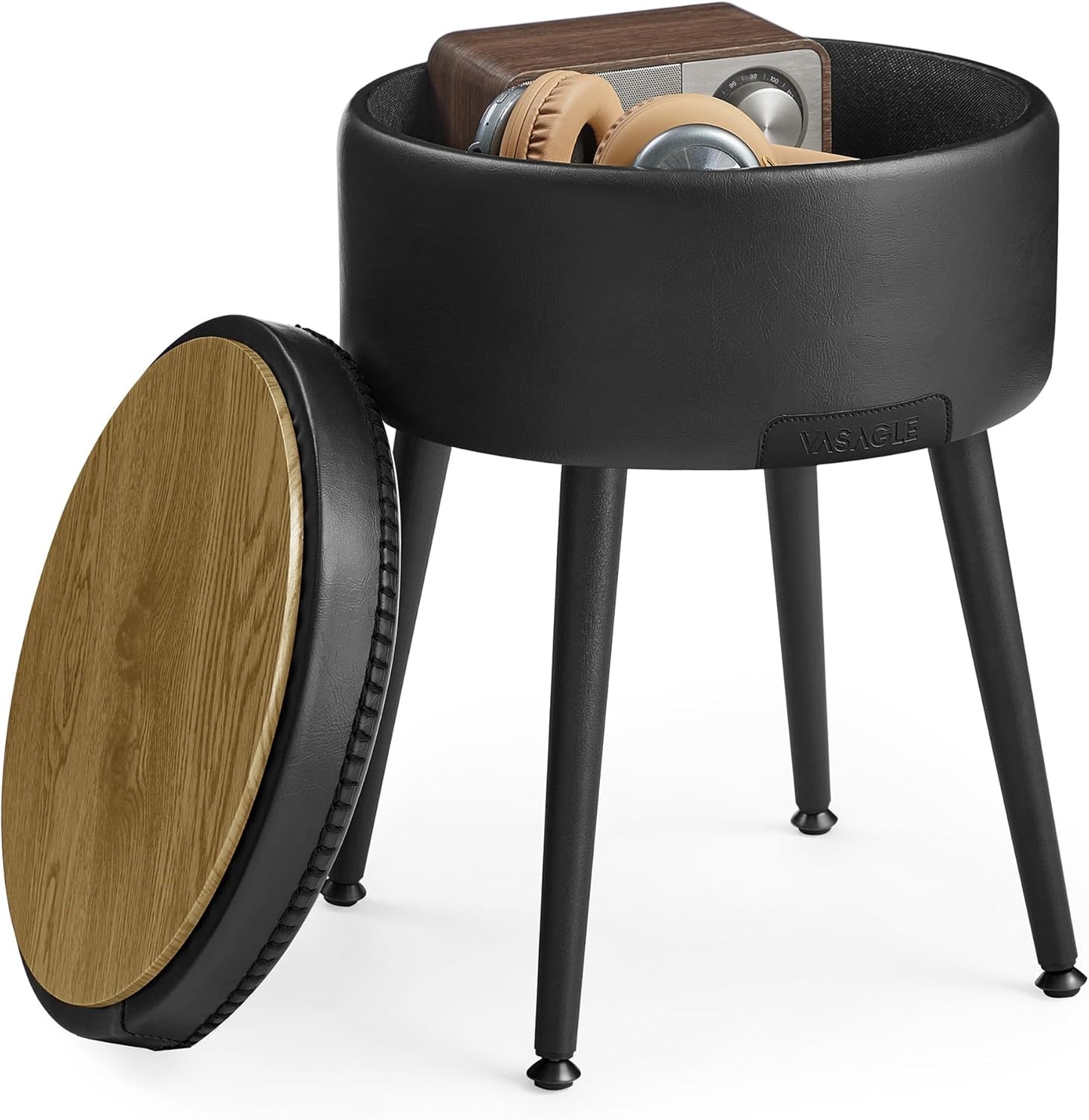 VASAGLE EKHO Collection - Storage Ottoman, Vanity Chair Stool, Synthetic Leather with Stitching, Mid-Century Modern, Round Storage Seat with Steel Legs, Loads 330 lb, Ink Black ULOM005B01