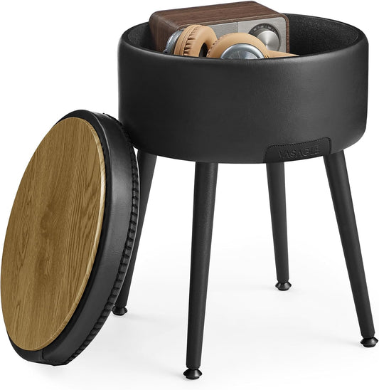 VASAGLE EKHO Collection - Storage Ottoman, Vanity Chair Stool, Synthetic Leather with Stitching, Mid-Century Modern, Round Storage Seat with Steel Legs, Loads 330 lb, Ink Black ULOM005B01