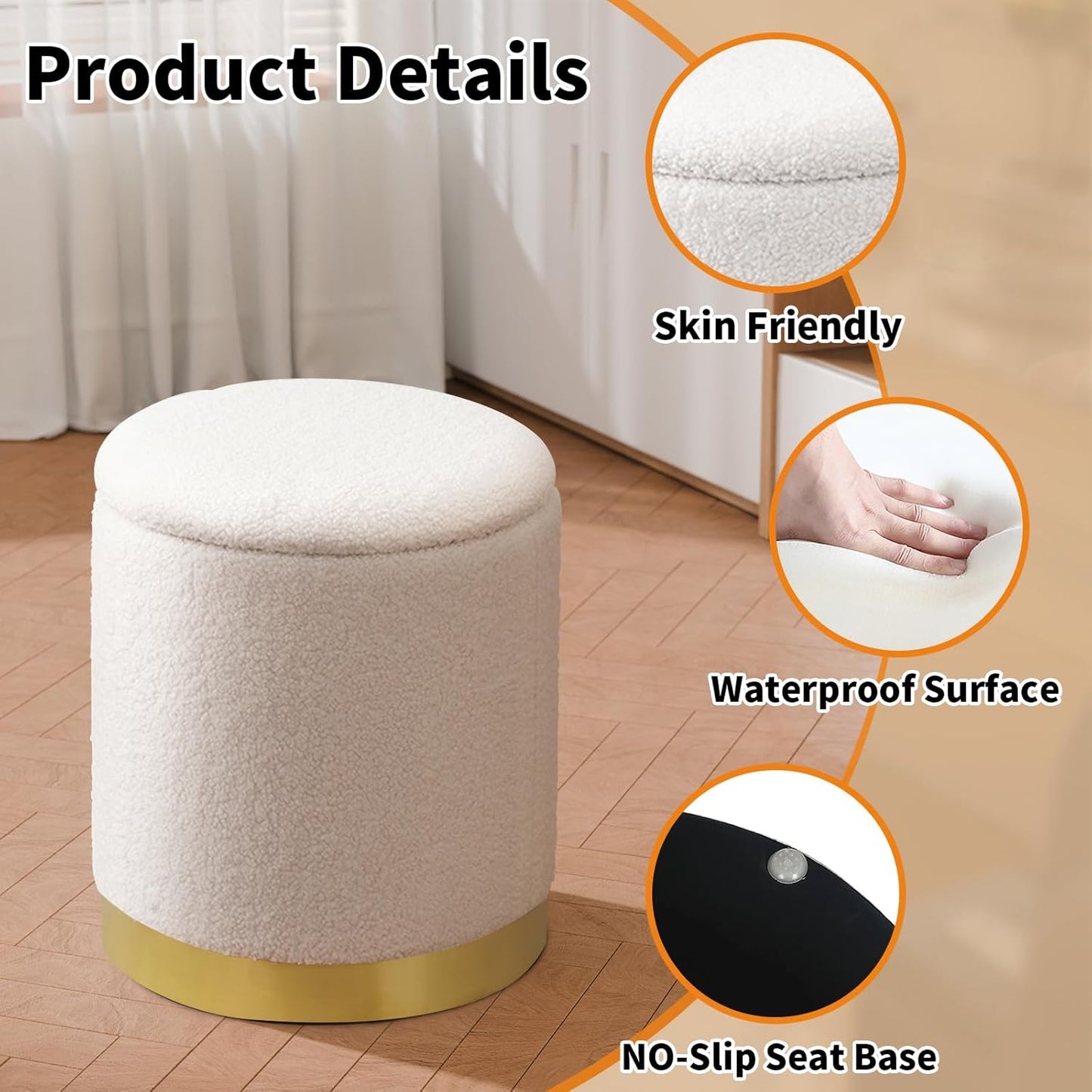Joveco Boucle Round Storage Ottoman with Removable Lid, Small Upholstered Foot Rest Stool with Gold Plating Base, for Dorm Living Room Bedroom, White