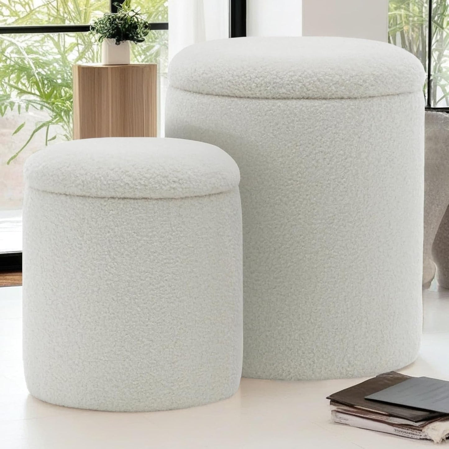 YSICK Round Ottoman with Storage, Set of 2, Small Vanity Stool as Vanity Chair, Corduroy Ottoman Foot Rest for Small Space, Living Room, Bedroom, Beige