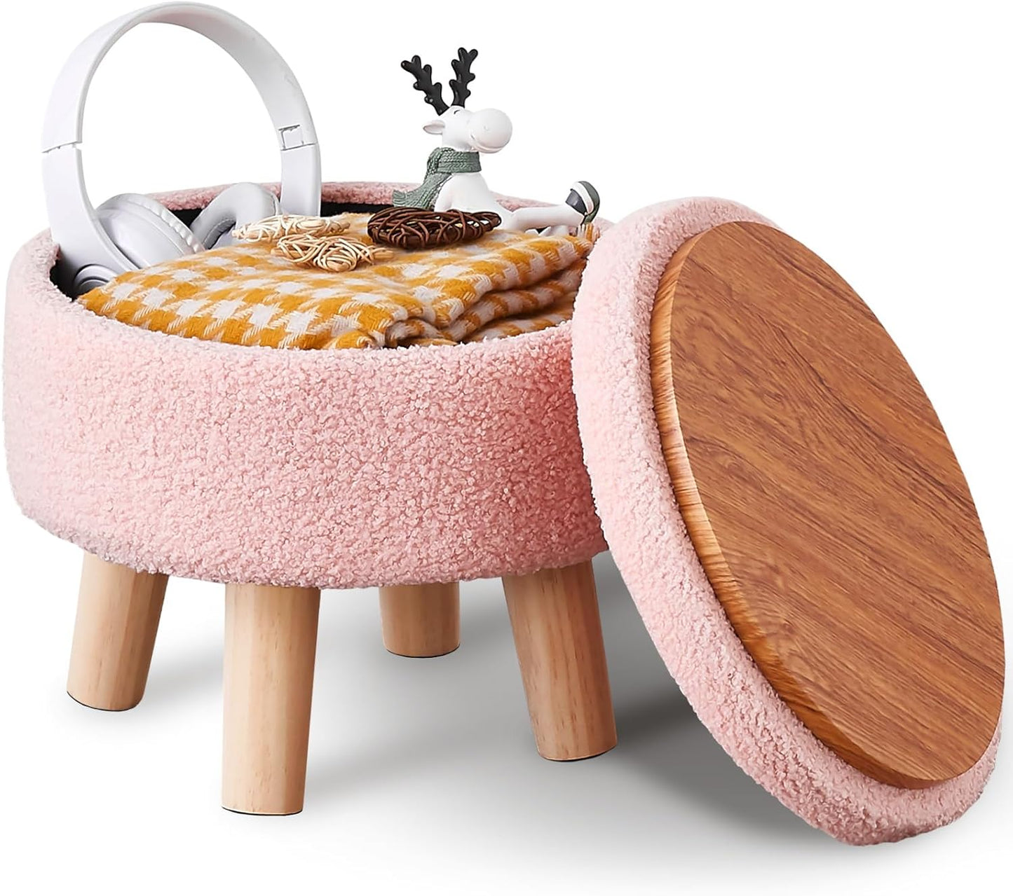 Wimarsbon Storage Ottoman, Modern Round Footrest with Soft Padded Seat, Teddy Velvet Footstool with Wood Legs, Accent Small Table or Plant Stand for Hallway, Living Room (Cream)