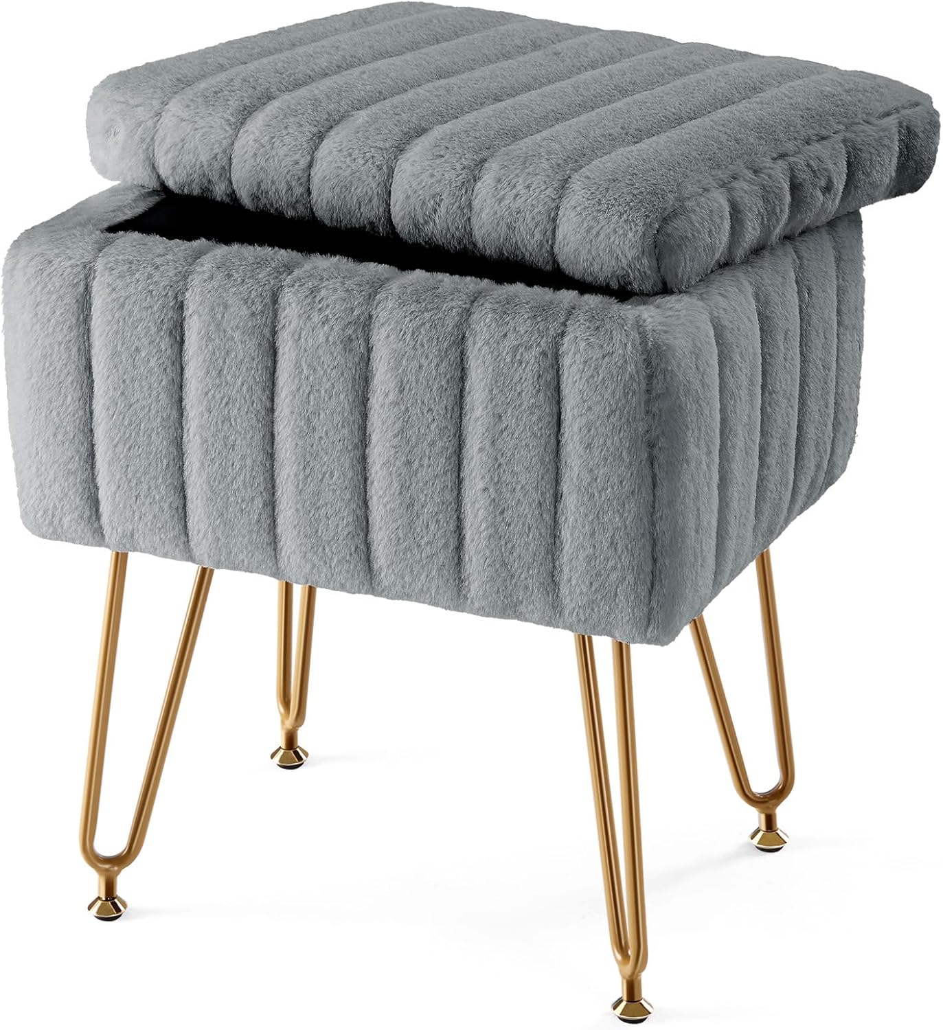 Sweetcrispy Vanity Stool Chair with Storage, Ottoman Faux Fur Soft Padded Makeup Footstools Seat with 4 Metal Legs Anti-Slip Adjustable Feet Modern Cute Small Footrest for Home Entryway Bedroom White