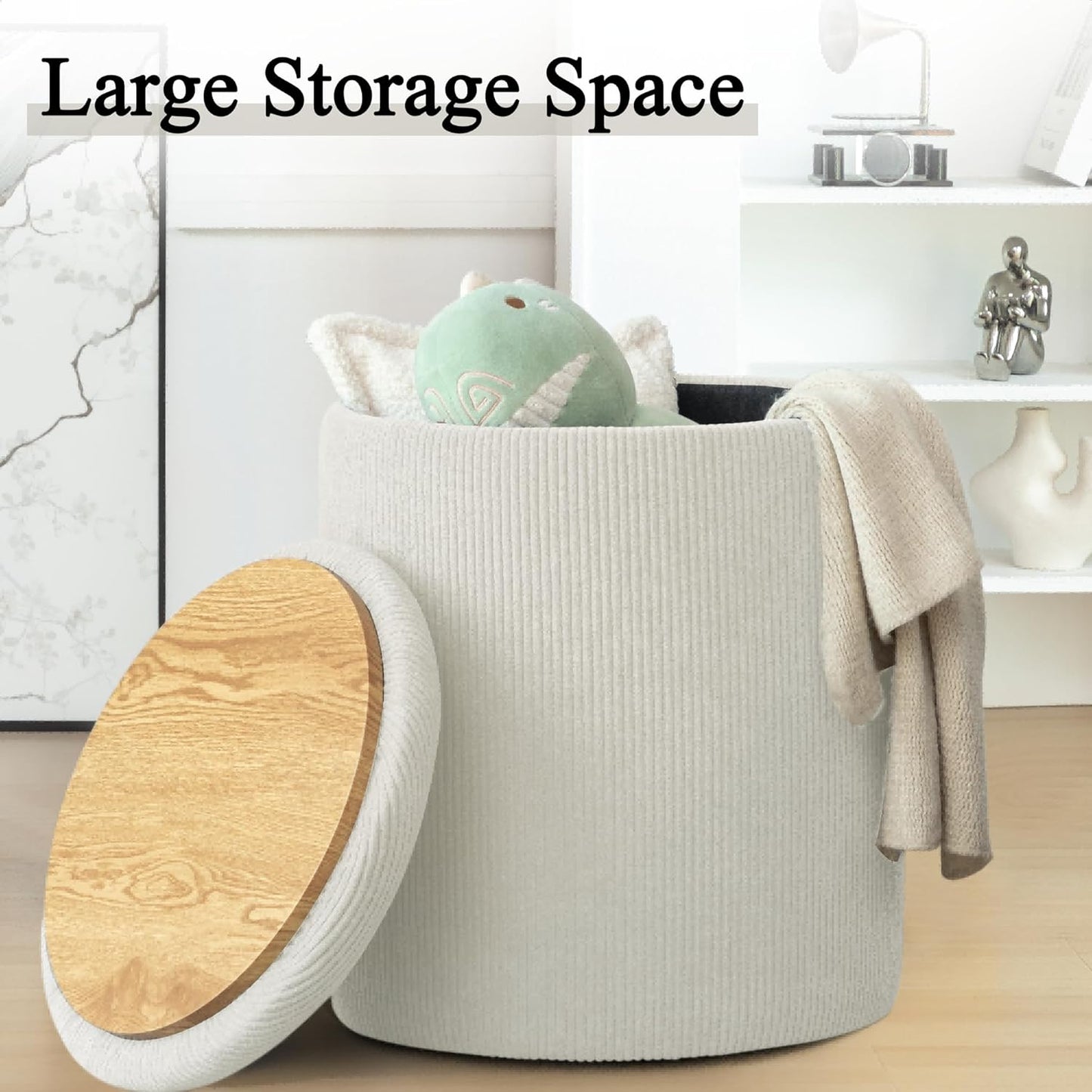 YSICK Round Ottoman with Storage, Set of 2, Small Vanity Stool as Vanity Chair, Corduroy Ottoman Foot Rest for Small Space, Living Room, Bedroom, Beige
