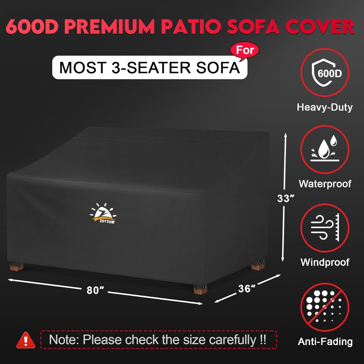 Patio Sofa Cover 80 Inch - 600D Outdoor Couch Cover Furniture Cover Waterproof & Heavy Duty, Large 3-Seater Bench Cover for Outside Sofa, Loveseat, Couch, Glider and Bench - 80 x 36 x 33 Inch