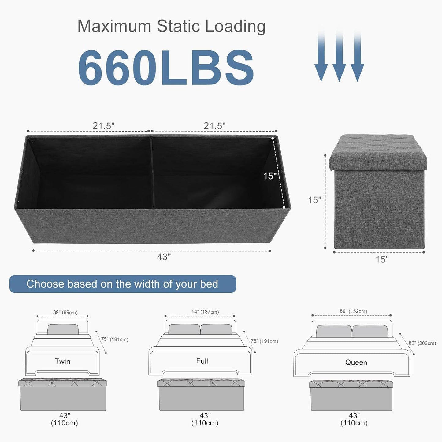 DUMOS 30in Foldable Storage Ottoman Bench, Storage Chest, End of Bed Foot Rest Stool with Padded Seat, Bedroom Bench for Living Room, Bedroom, Support 660lbs, Grey