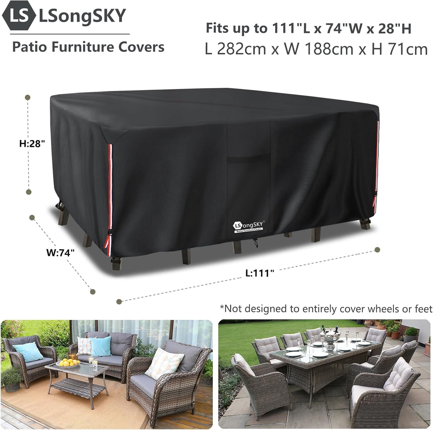 Outdoor Furniture Covers Waterproof,600D Heavy Duty Patio Cover for 6/7/8 PCS Sets Sectional Sofa Couch Dining Rocking Swivel Chairs Ottomans Coffee Table,111L x 74W x 28H inch Black