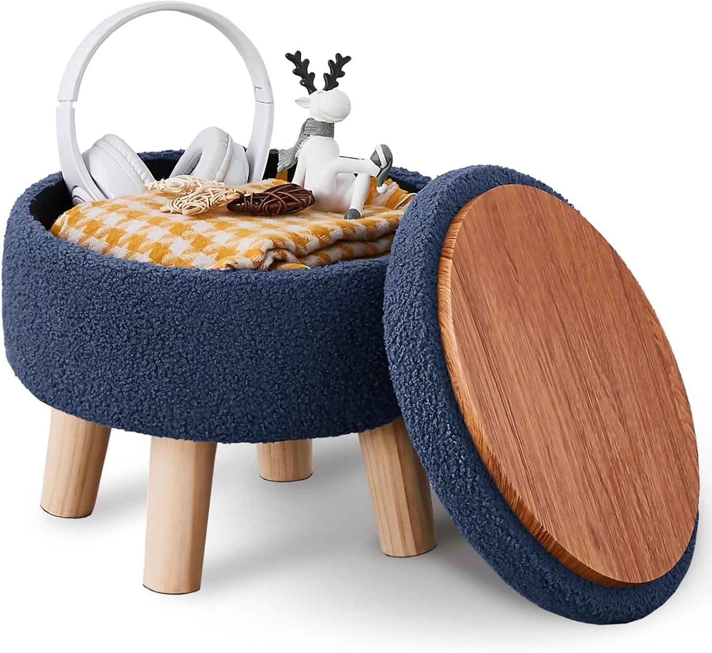 Wimarsbon Storage Ottoman, Modern Round Footrest with Soft Padded Seat, Teddy Velvet Footstool with Wood Legs, Accent Small Table or Plant Stand for Hallway, Living Room (Cream)