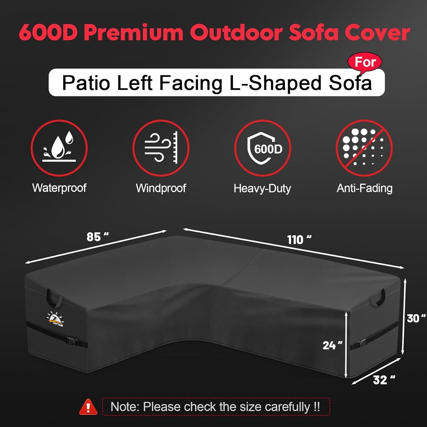 Outdoor L-Shaped Sectional Cover - 600D Patio Sectional Sofa Cover, Waterproof Patio Furniture Covers for 6-Seater Outdoor Sectional Sofa and Couch, Left Facing, 85x110 Inch Wide