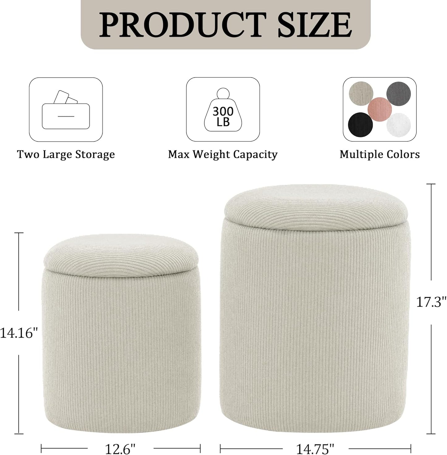 YSICK Round Ottoman with Storage, Set of 2, Small Vanity Stool as Vanity Chair, Corduroy Ottoman Foot Rest for Small Space, Living Room, Bedroom, Beige