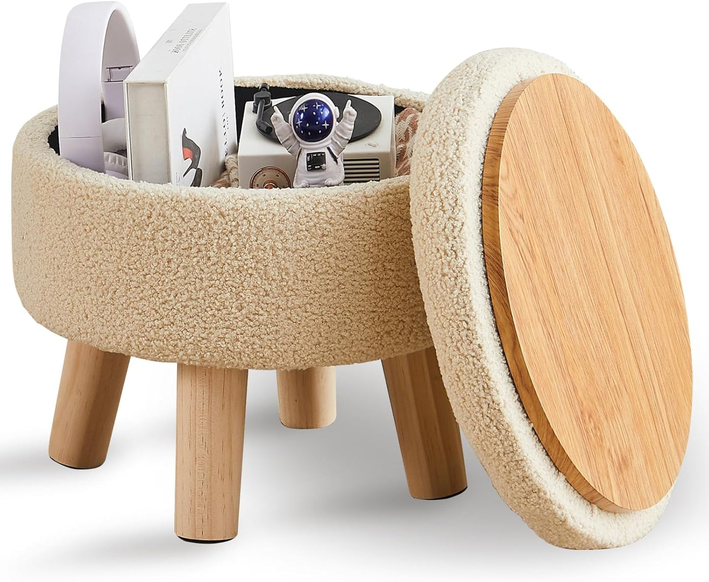 Wimarsbon Storage Ottoman, Modern Round Footrest with Soft Padded Seat, Teddy Velvet Footstool with Wood Legs, Accent Small Table or Plant Stand for Hallway, Living Room (Cream)