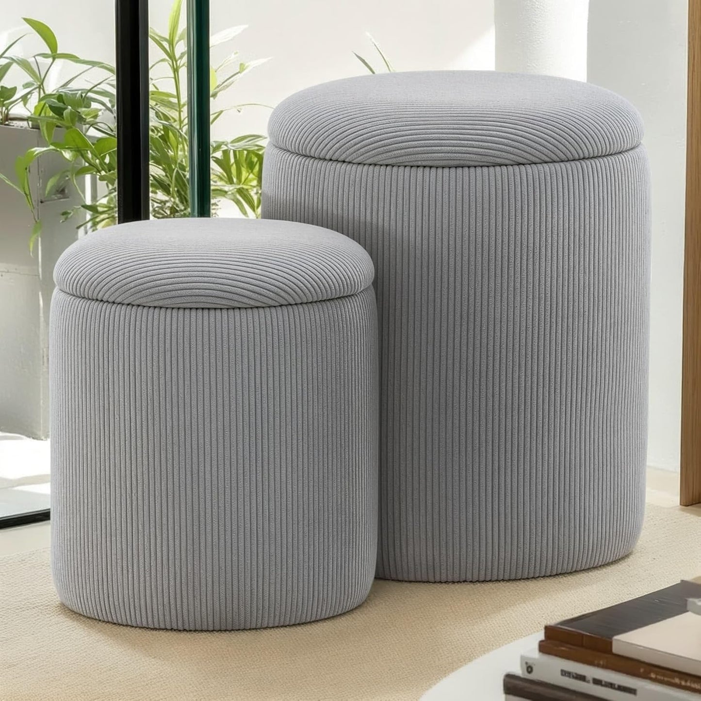 YSICK Round Ottoman with Storage, Set of 2, Small Vanity Stool as Vanity Chair, Corduroy Ottoman Foot Rest for Small Space, Living Room, Bedroom, Beige