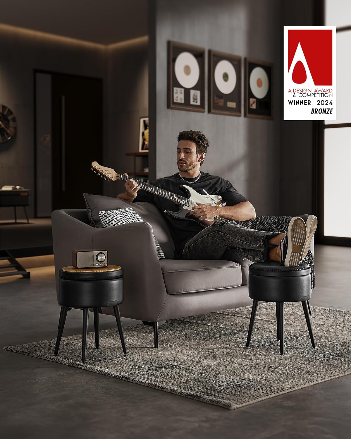 VASAGLE EKHO Collection - Storage Ottoman, Vanity Chair Stool, Synthetic Leather with Stitching, Mid-Century Modern, Round Storage Seat with Steel Legs, Loads 330 lb, Ink Black ULOM005B01