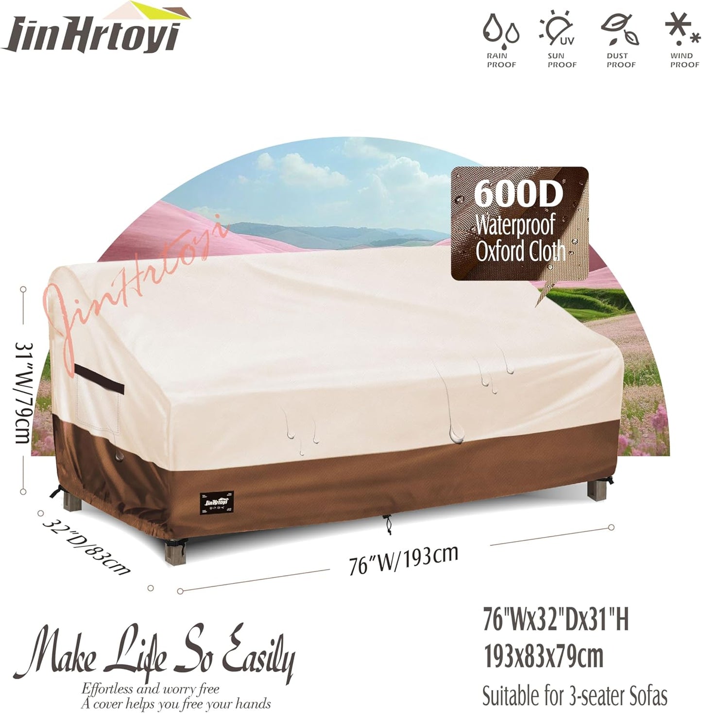 3-Seater Outdoor Couch Cover,76" Wx32 Dx31 H Inches Patio Sofa Cover,100% Waterproof Heavy Duty Patio Furniture Covers,Beige&Brown