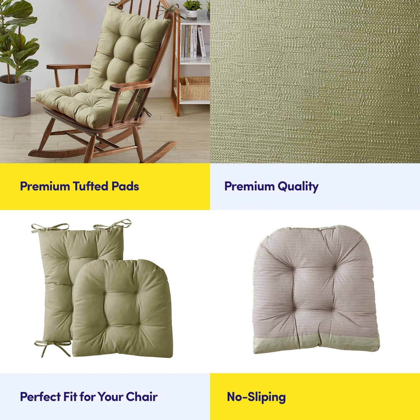 Sweet Home Collection Rocking Chair Cushion Premium Tufted Pads Non Skid Slip Backed Set of Upper and Lower with Ties, 1 Count (Pack of 1), Sage