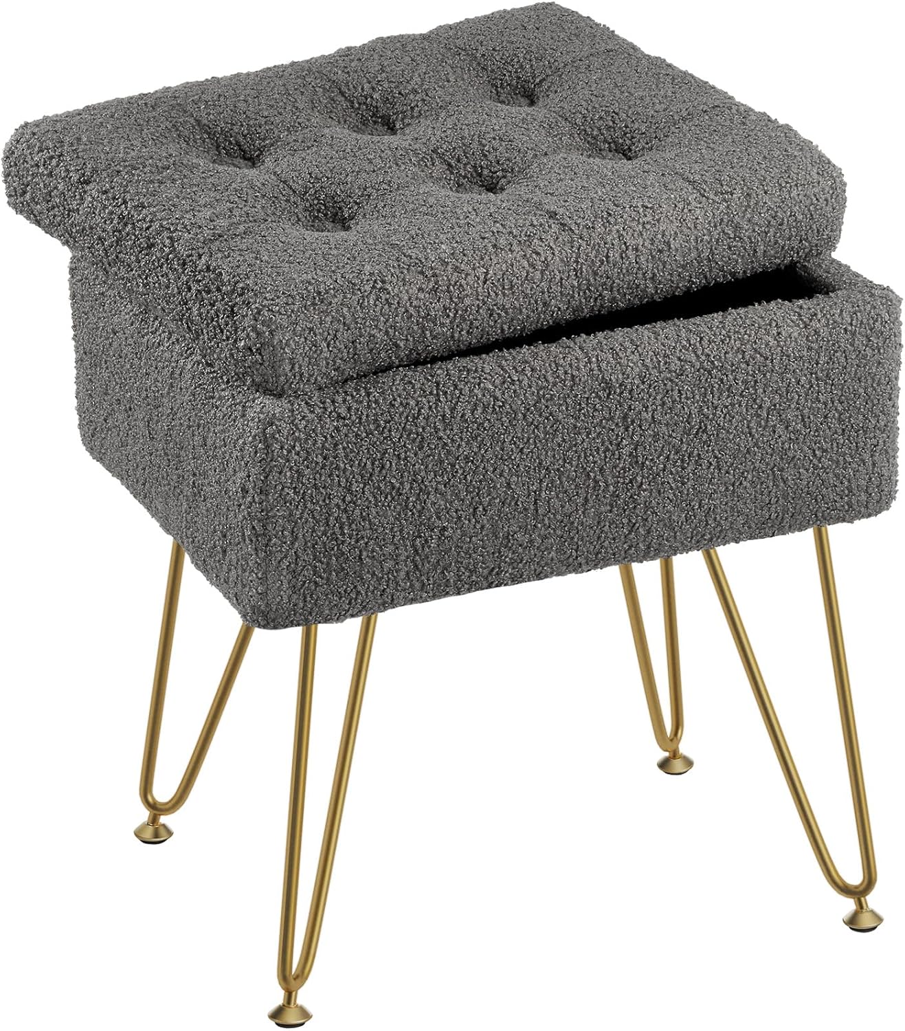 Seventable Vanity Stool Chair with Storage, Teddy Velvet Soft Ottoman, 4 Metal Legs with Anti-Slip Feet, Furry Padded Seat, Multifunctional Stool for Makeup, Footstool, Bedroom, Pink