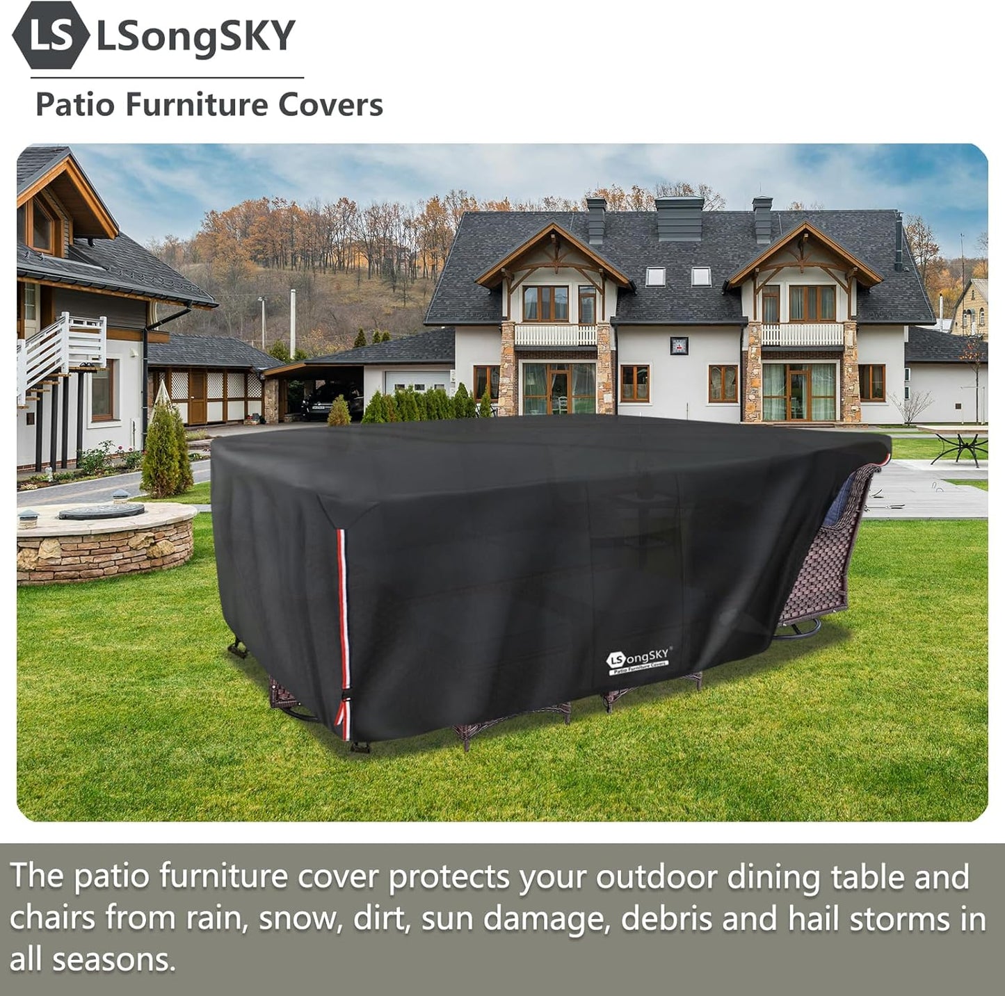 Outdoor Furniture Covers Waterproof,600D Heavy Duty Patio Cover for 6/7/8 PCS Sets Sectional Sofa Couch Dining Rocking Swivel Chairs Ottomans Coffee Table,111L x 74W x 28H inch Black