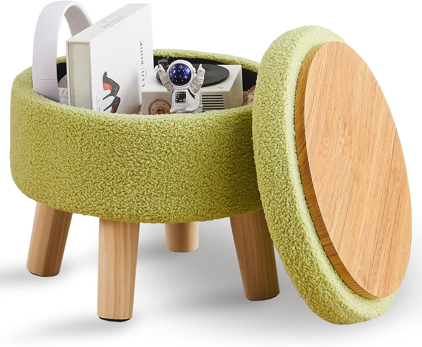Wimarsbon Storage Ottoman, Modern Round Footrest with Soft Padded Seat, Teddy Velvet Footstool with Wood Legs, Accent Small Table or Plant Stand for Hallway, Living Room (Cream)