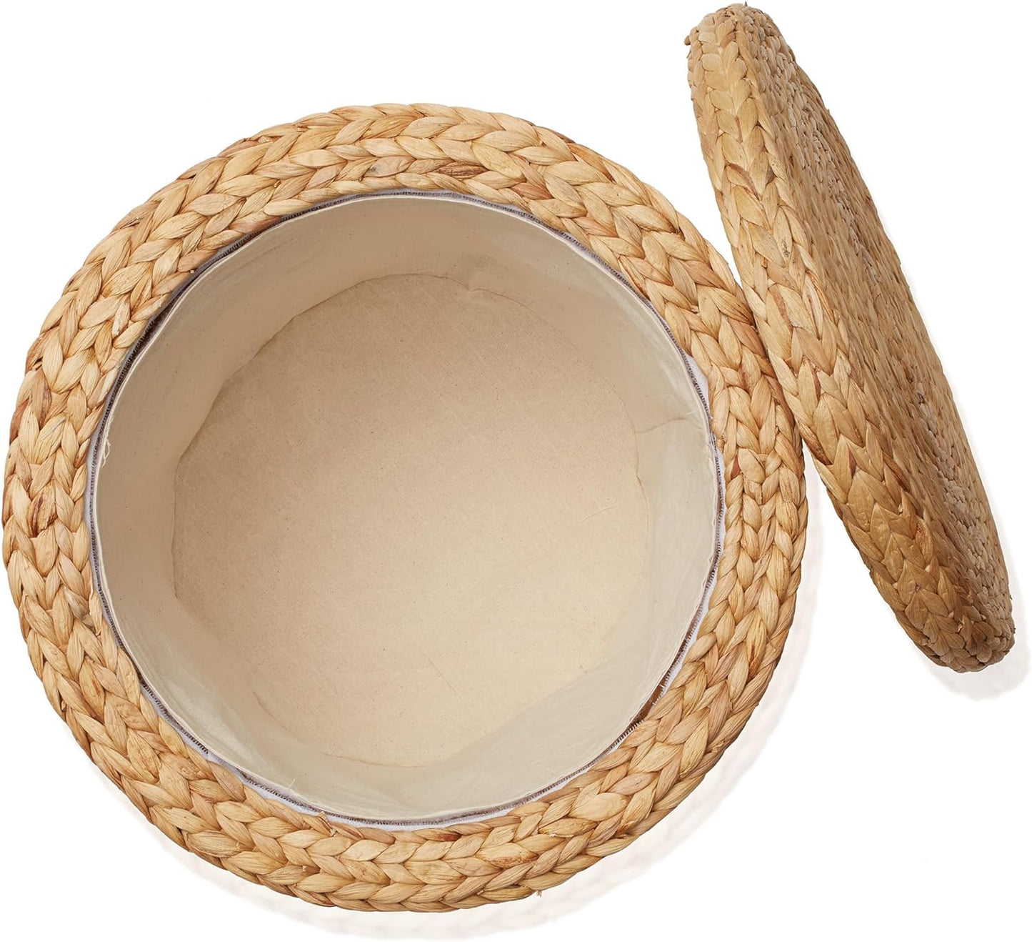 Casafield 17" Round Storage Ottoman with Lid - Natural, Handwoven Water Hyacinth Footstool for Living Room, Bedroom, Bathroom, Home Office