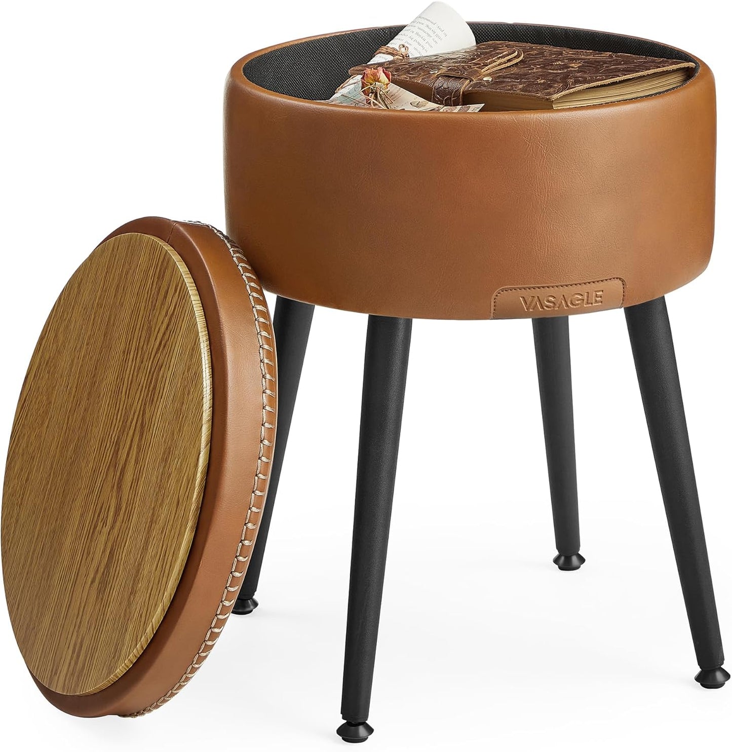VASAGLE EKHO Collection - Storage Ottoman, Vanity Chair Stool, Synthetic Leather with Stitching, Mid-Century Modern, Round Storage Seat with Steel Legs, Loads 330 lb, Ink Black ULOM005B01