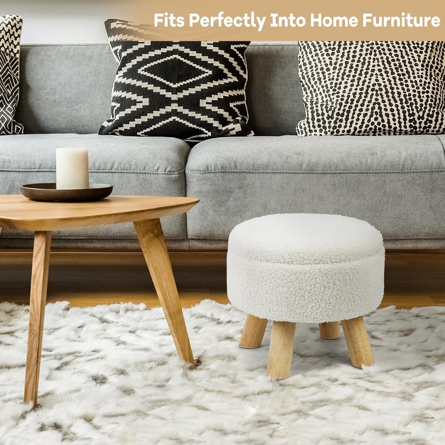Ottoman Foot Rest, Small Round Ottoman with Storage, Boucle Teddy Velvet Footstool with Wood Legs, Soft Sponge Storage Ottoman for Living Room, Bedroom, Couch, Enterway (Cream)