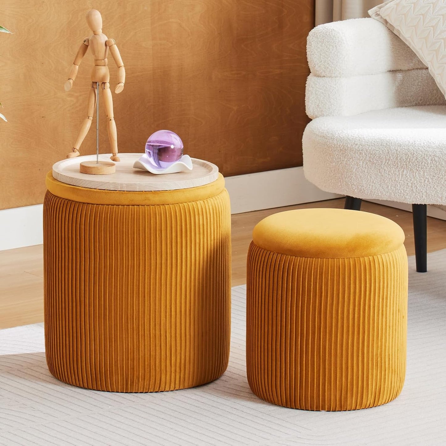 Round Set of 2 Ottoman with Storage-Upholstered Velvet Vanity Stool for Makeup Multifunctional Ottomans Coffee Table Padded Seat Foot Rest for Living Room&Bedroom（White）