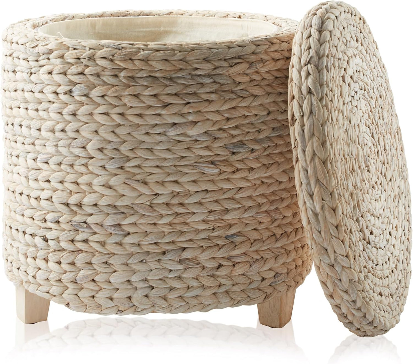 Casafield 17" Round Storage Ottoman with Lid - Natural, Handwoven Water Hyacinth Footstool for Living Room, Bedroom, Bathroom, Home Office