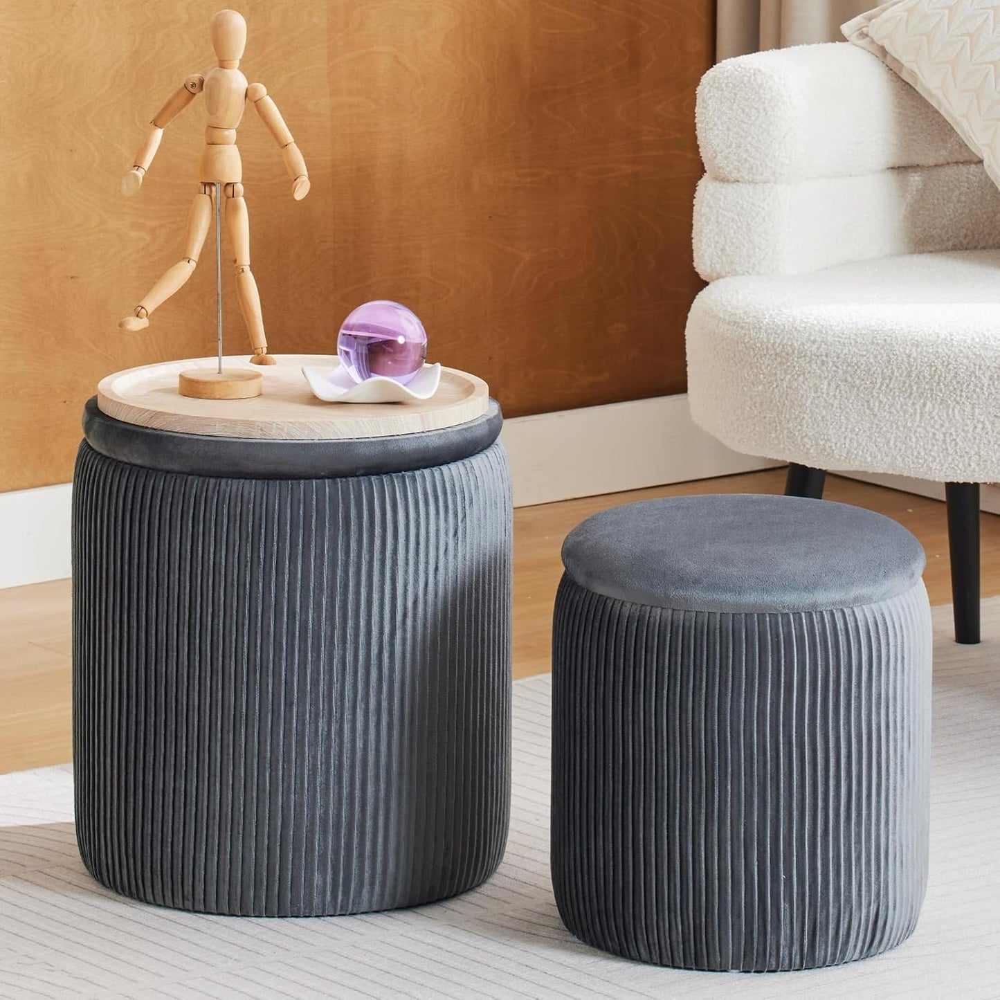 Round Set of 2 Ottoman with Storage-Upholstered Velvet Vanity Stool for Makeup Multifunctional Ottomans Coffee Table Padded Seat Foot Rest for Living Room&Bedroom（White）