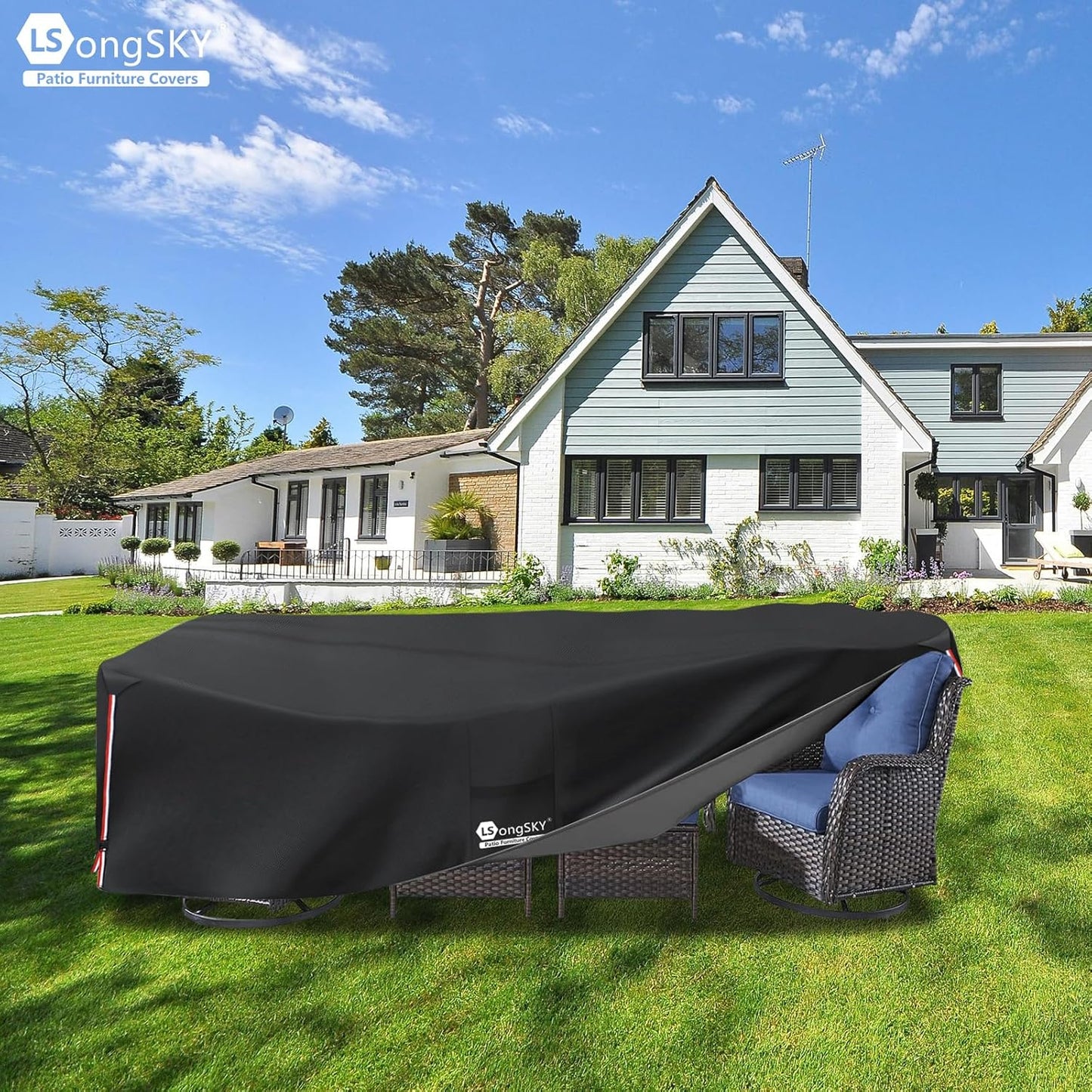 Outdoor Furniture Covers Waterproof,600D Heavy Duty Patio Cover for 6/7/8 PCS Sets Sectional Sofa Couch Dining Rocking Swivel Chairs Ottomans Coffee Table,111L x 74W x 28H inch Black