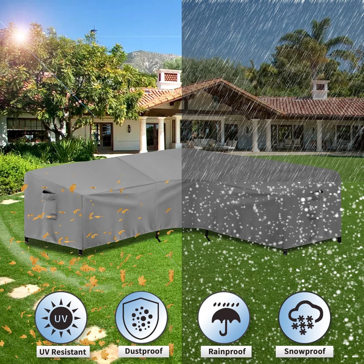 PureFit Outdoor Sectional Sofa Cover Waterproof V Shaped Patio Furniture Covers for Deck, Lawn and Backyard, 89”x89”, Gray