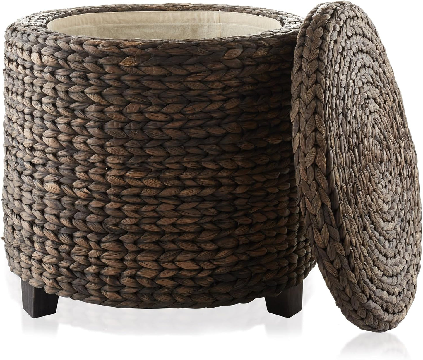 Casafield 17" Round Storage Ottoman with Lid - Natural, Handwoven Water Hyacinth Footstool for Living Room, Bedroom, Bathroom, Home Office