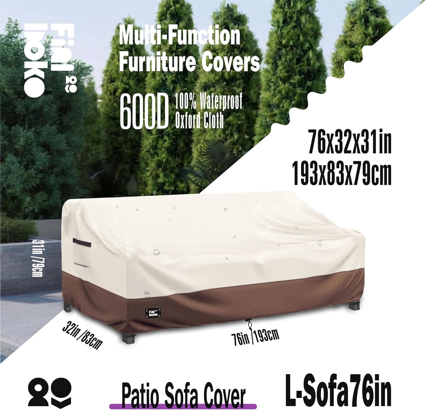 3-Seater Outdoor Couch Cover,76Wx32Dx31H Inches Patio Sofa Cover,100% Waterproof Heavy Duty Patio Furniture Covers,Beige&Brown