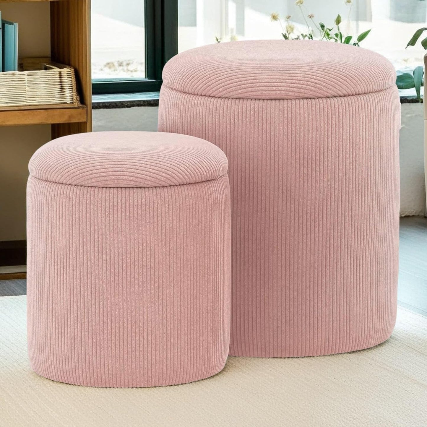 YSICK Round Ottoman with Storage, Set of 2, Small Vanity Stool as Vanity Chair, Corduroy Ottoman Foot Rest for Small Space, Living Room, Bedroom, Beige