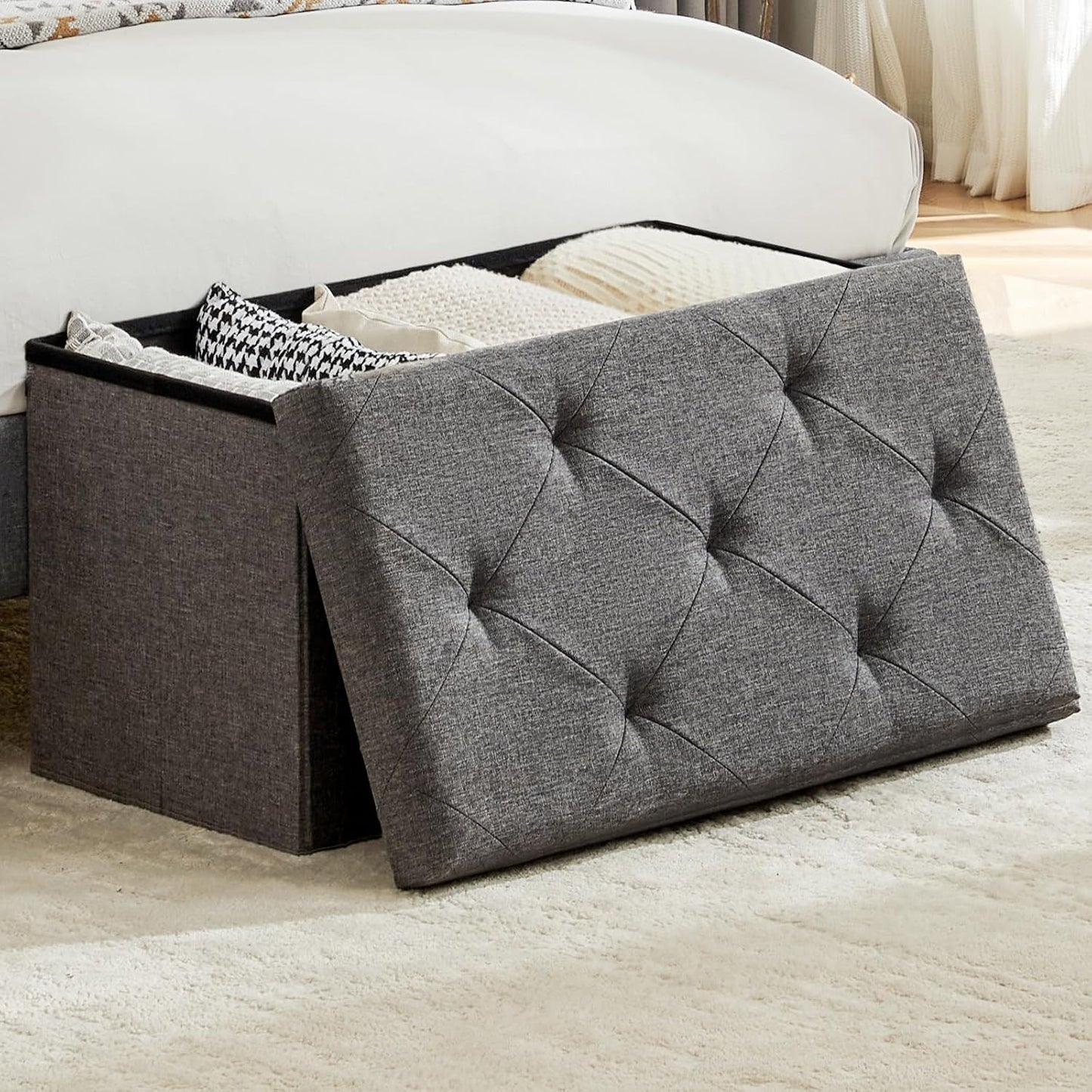 DUMOS 30in Foldable Storage Ottoman Bench, Storage Chest, End of Bed Foot Rest Stool with Padded Seat, Bedroom Bench for Living Room, Bedroom, Support 660lbs, Grey