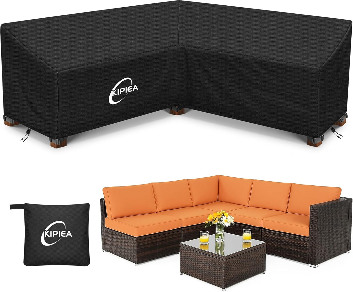 Kipiea Patio V-Shaped Sectional Sofa Cover, 420D Heavy-Duty Oxford Fabric Outdoor Sectional Cover with 6 Windproof Buckles, Anti UV and No Tears, No Fading (85"/85" L x 33.5" D x 31" H) Black