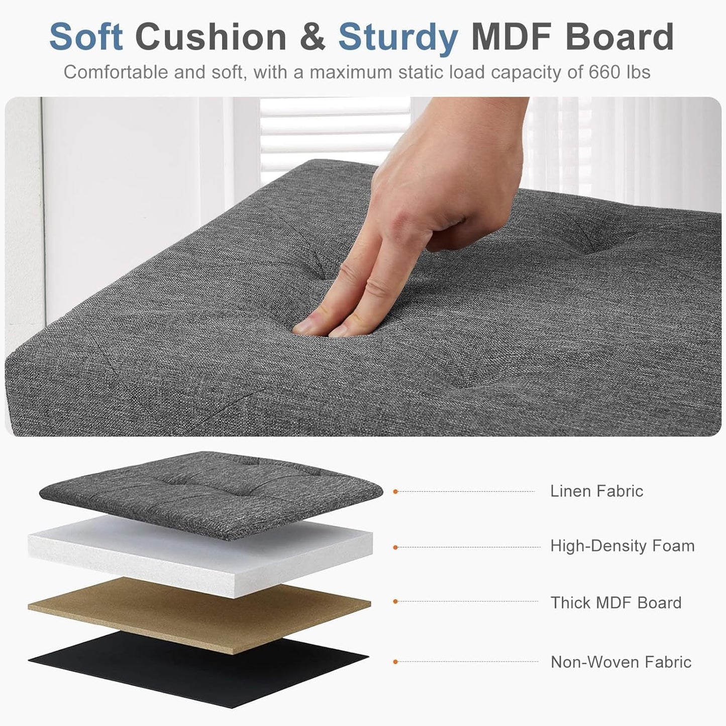 DUMOS 30in Foldable Storage Ottoman Bench, Storage Chest, End of Bed Foot Rest Stool with Padded Seat, Bedroom Bench for Living Room, Bedroom, Support 660lbs, Grey