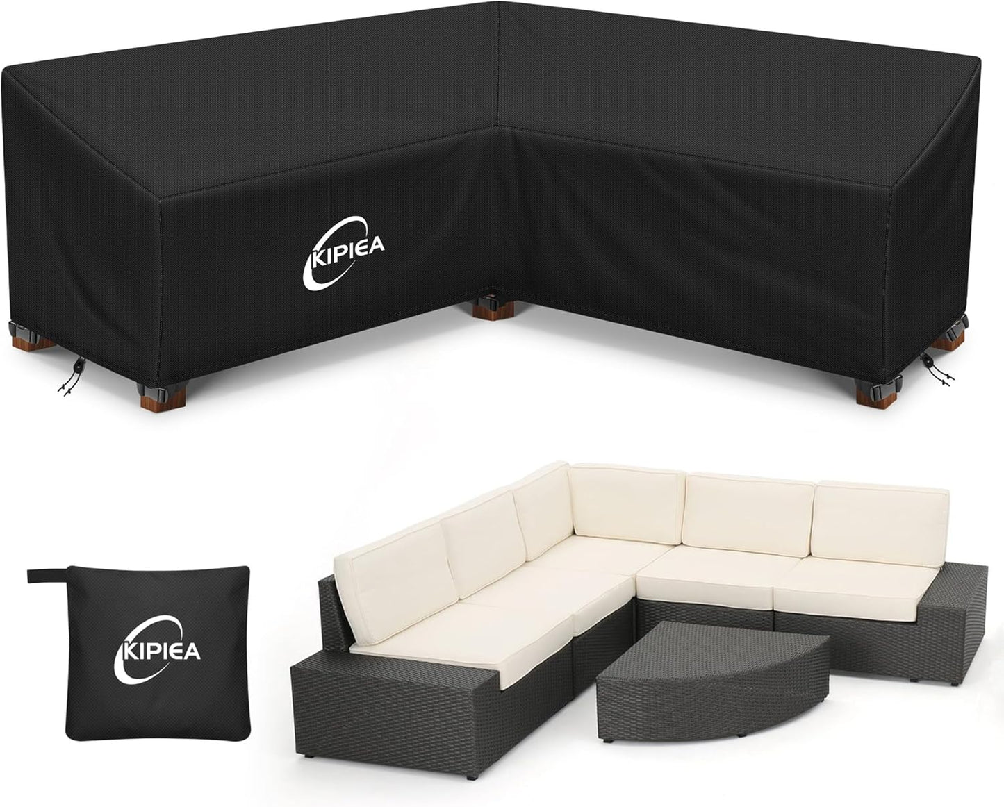 Kipiea Patio V-Shaped Sectional Sofa Cover, 420D Heavy-Duty Oxford Fabric Outdoor Sectional Cover with 6 Windproof Buckles, Anti UV and No Tears, No Fading (85"/85" L x 33.5" D x 31" H) Black