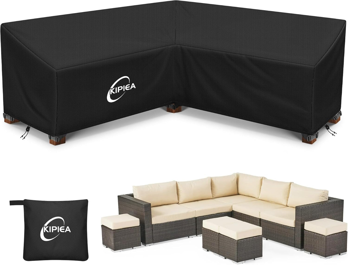 Kipiea Patio V-Shaped Sectional Sofa Cover, 420D Heavy-Duty Oxford Fabric Outdoor Sectional Cover with 6 Windproof Buckles, Anti UV and No Tears, No Fading (85"/85" L x 33.5" D x 31" H) Black
