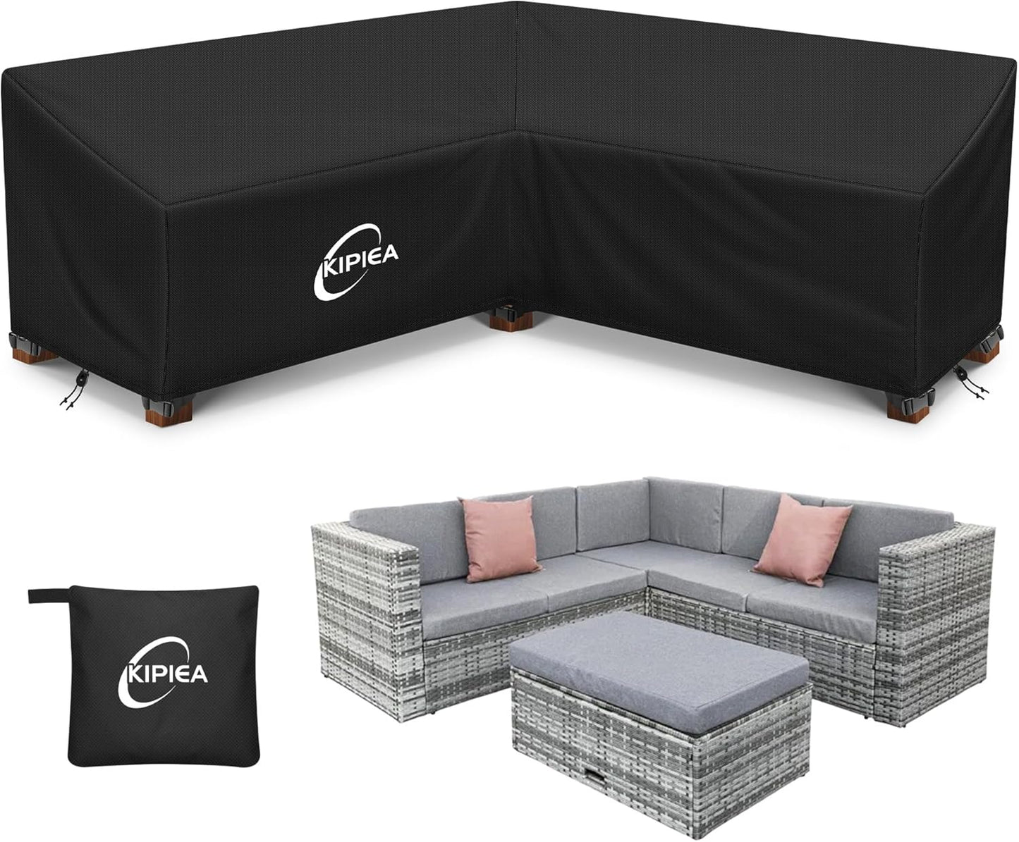 Kipiea Patio V-Shaped Sectional Sofa Cover, 420D Heavy-Duty Oxford Fabric Outdoor Sectional Cover with 6 Windproof Buckles, Anti UV and No Tears, No Fading (85"/85" L x 33.5" D x 31" H) Black