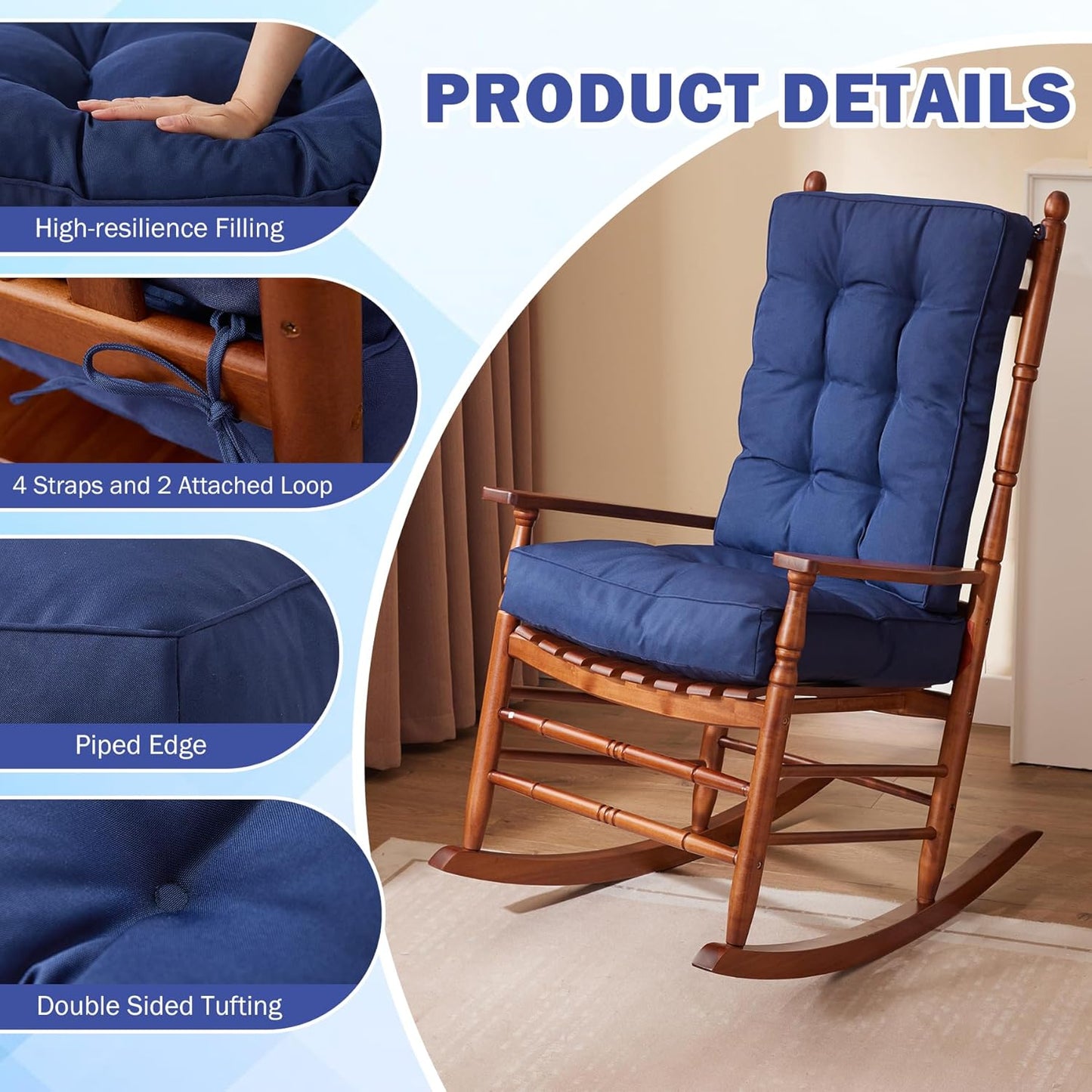 Rocking Chair Cushion Set, Waterproof and Fade-Resistant Patio Chair Cushions, Tufted Chair Pads for Rocker Furniture, 17x17 Inch, Indoor/Outdoor Seat Cushions with Ties, Navy Blue