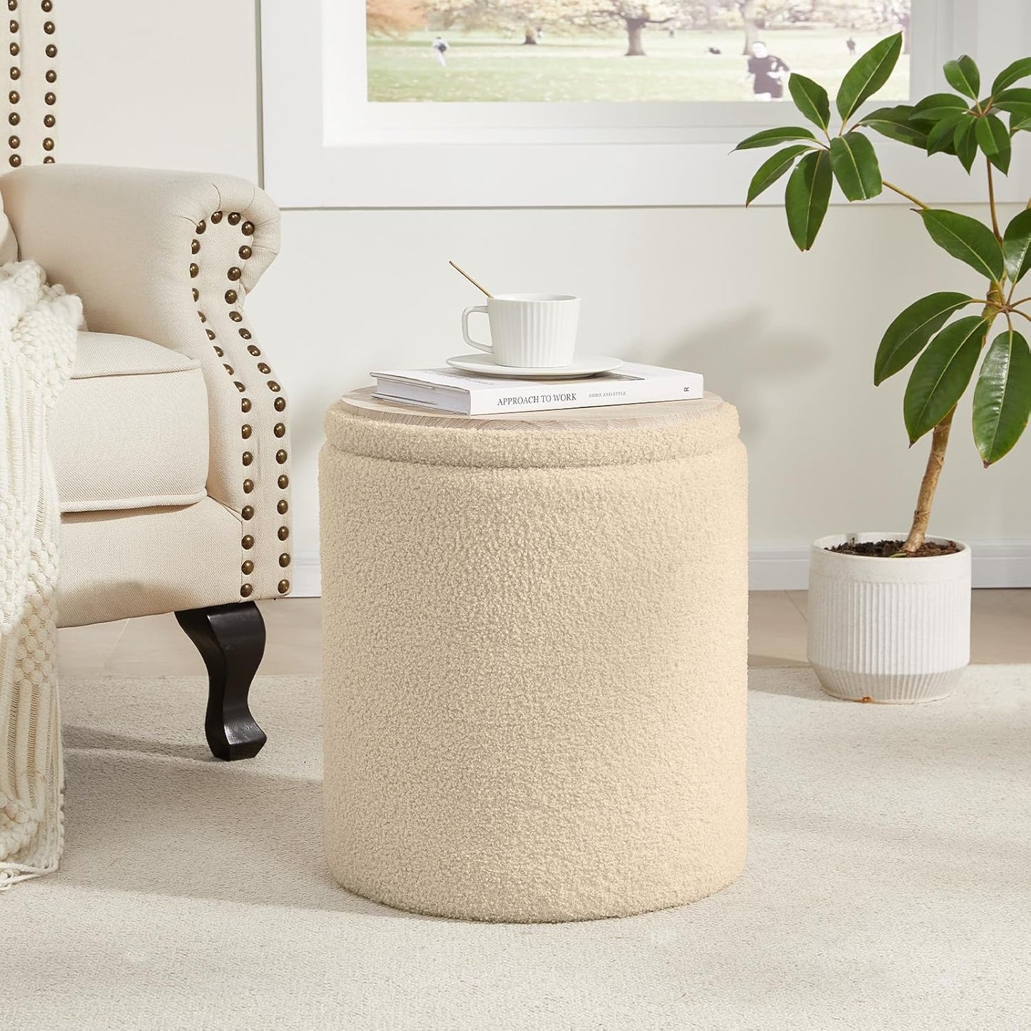 Boucle Round Ottoman with Storage Set of 2,Small Foot Stool Ottoman for Living Room, Small Coffee Table,Vanity Stool with Storage for Bedroom, Beige